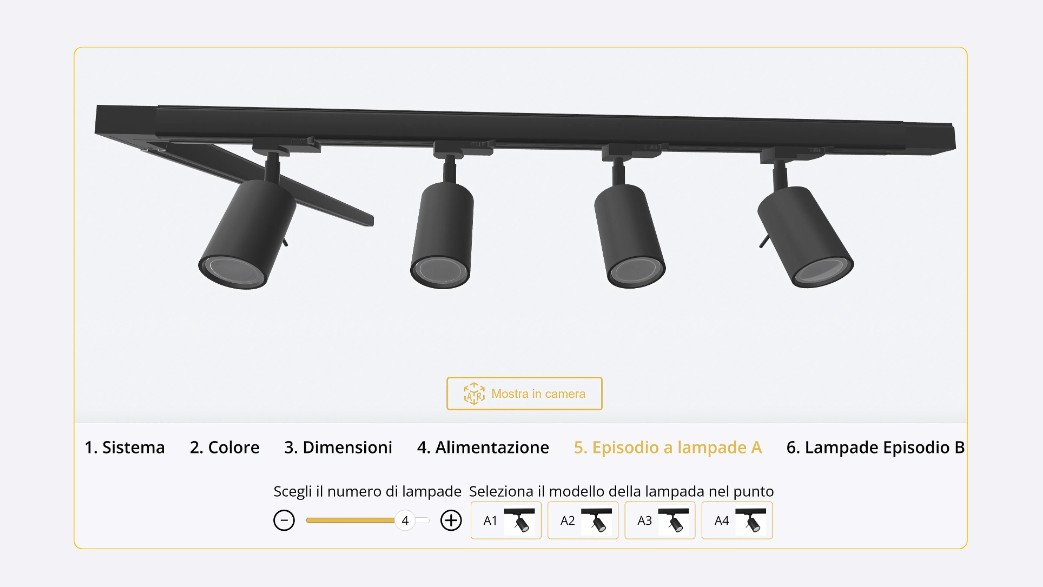 Configuratore 3D Lightinup: un sistema a binario con quattro faretti orientabili, configurato passo per passo