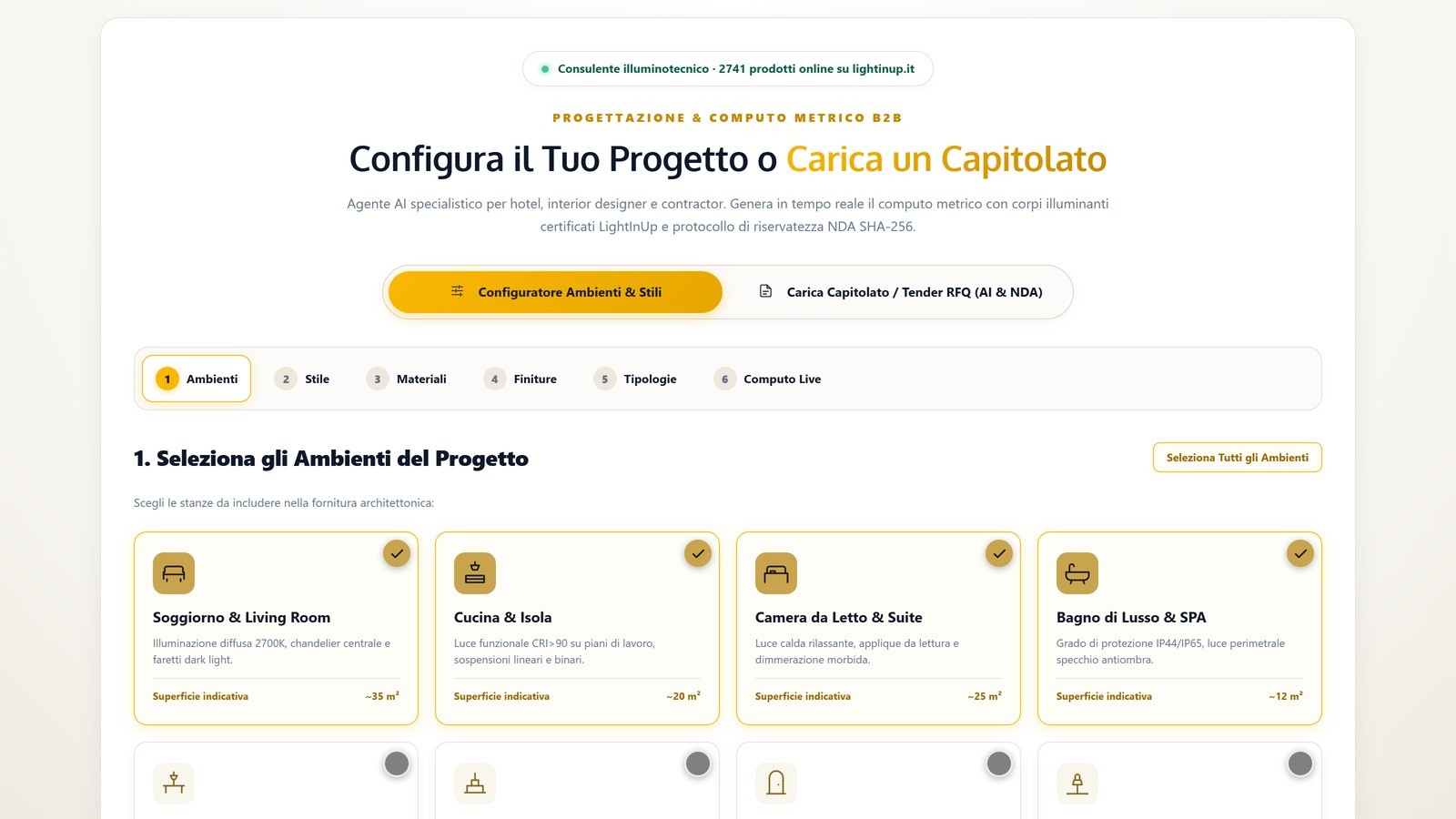 Consulenza illuminotecnica AI: il computo metrico di un progetto hospitality costruito ambiente per ambiente