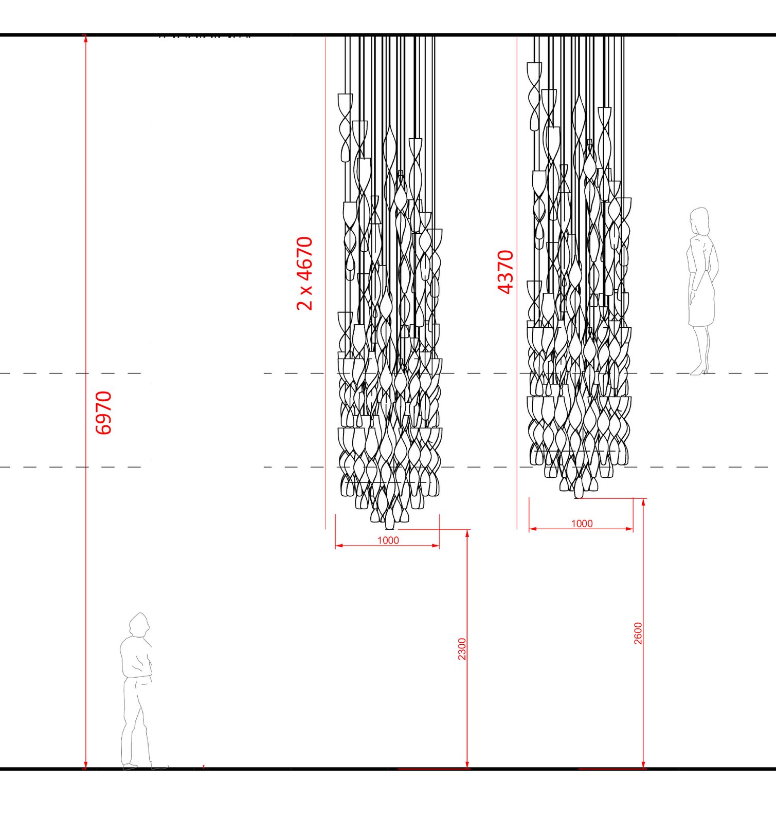Il disegno costruttivo delle cascate: 4670 e 4370 millimetri di altezza, mille di diametro, con la sagoma umana per la scala