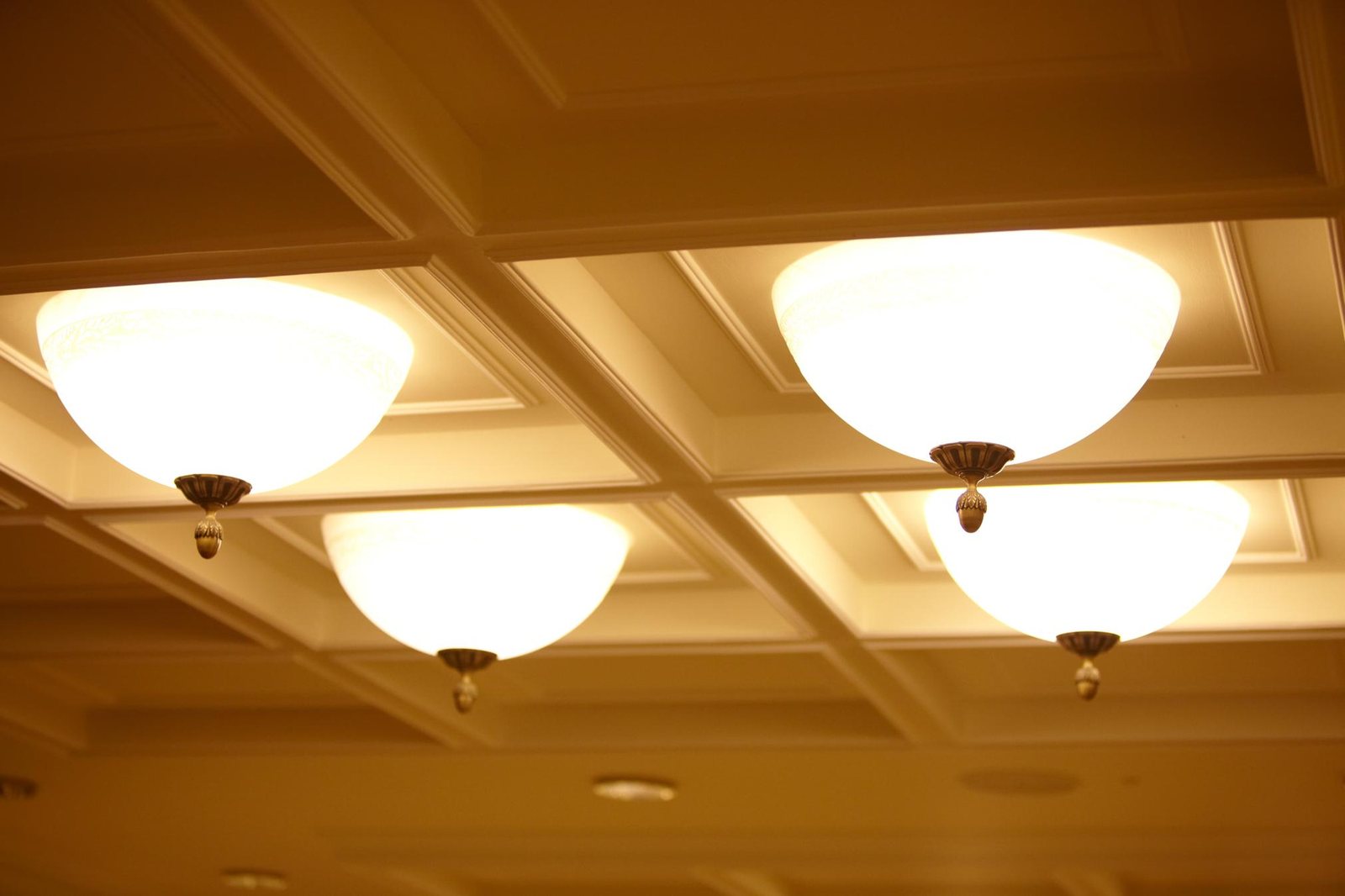 Quattro coppe in vetro opalino incassate nei riquadri del soffitto a cassettoni