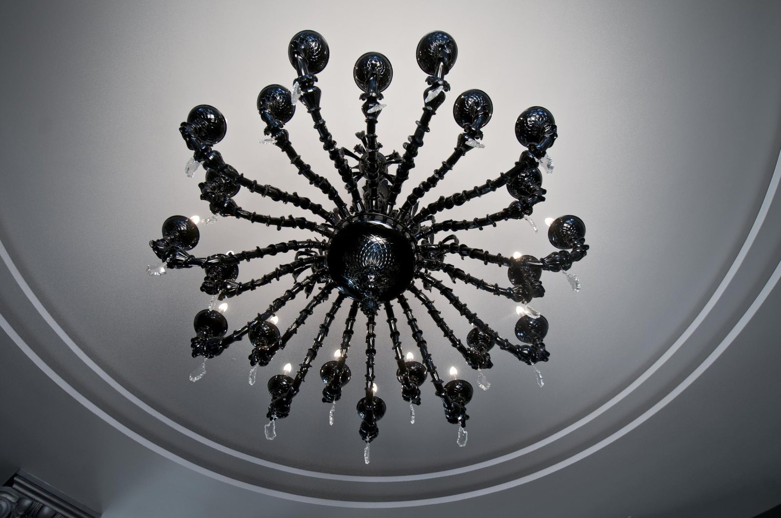 Il lampadario in vetro nero visto da sotto: i bracci si aprono a raggiera nella nicchia circolare del soffitto