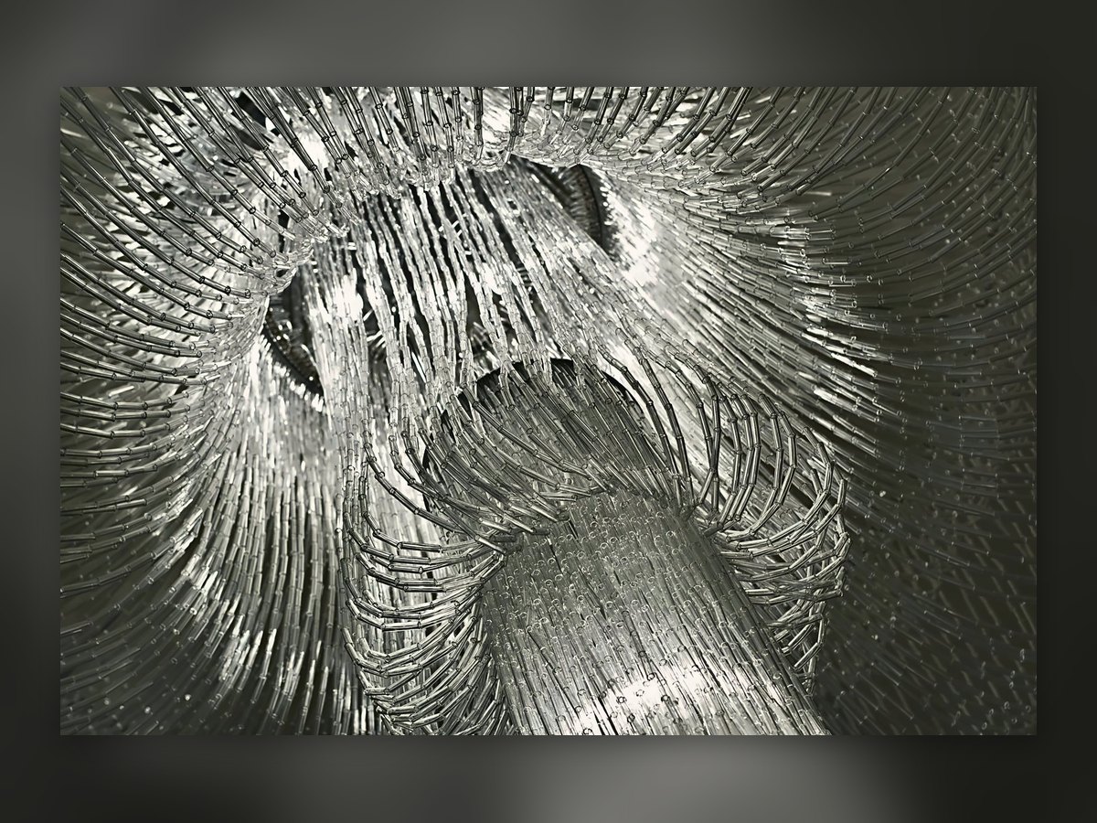 Dettaglio ravvicinato delle cannette di vetro agganciate del lampadario