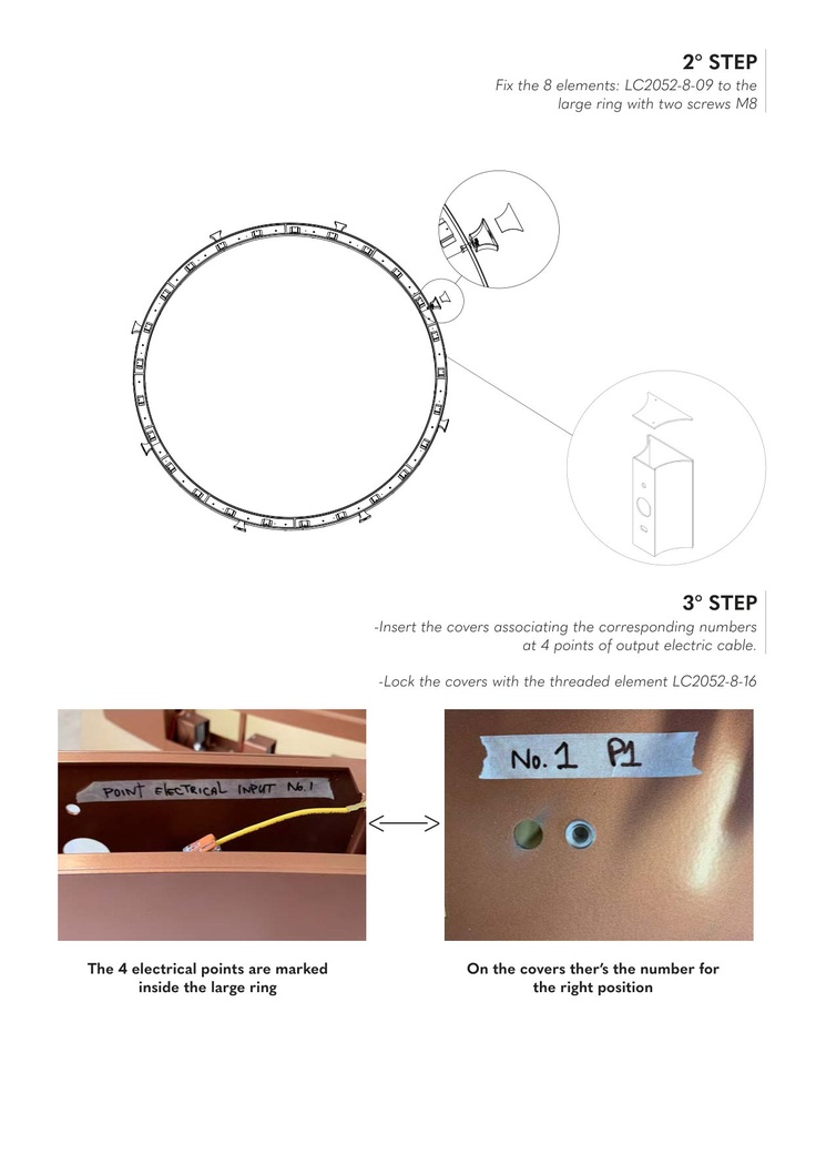 Die von Hand auf das Stück geschriebene Nummer. Links der große Ring mit «POINT ELECTRICAL INPUT No. 1» auf Kreppband; rechts die Abdeckung mit derselben Nummer. Sie werden montiert, indem man sie einander gegenüberstellt.