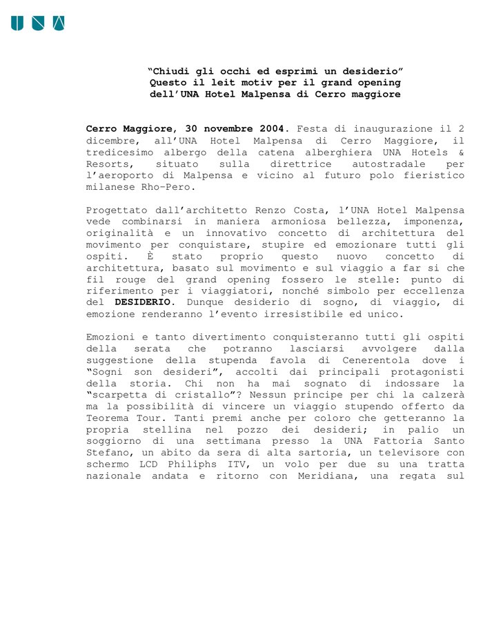 Première page du communiqué de UNA Hotels & Resorts du 30 novembre 2004