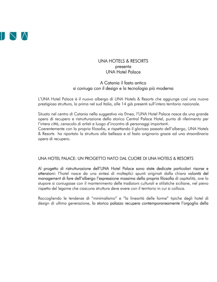 Première page de la présentation du UNA Hotel Palace de Catane