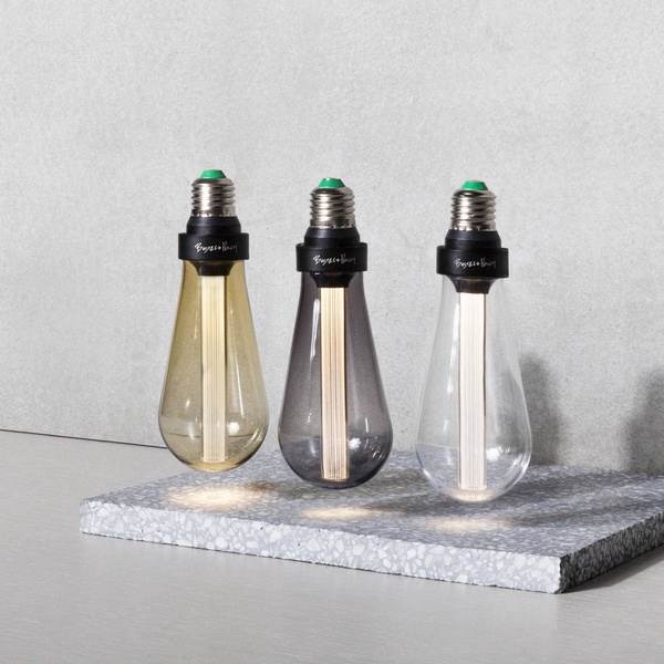 Tre lampadine Buster Bulb: ambra, fumé e cristallo