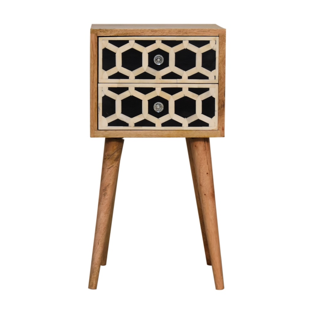 [IN1739] Mini table de chevet à 2 tiroirs avec incrustations d'os