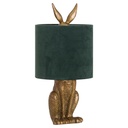 Lampada da tavolo anticata con lepre in oro con paralume in velluto verde