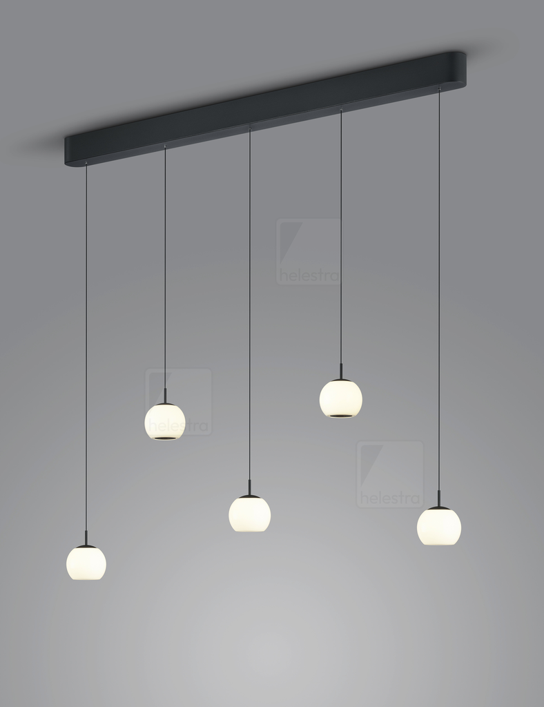 Helestra Pendant luminaire BONO 5 flames IP20, dimmable – opal white black matt