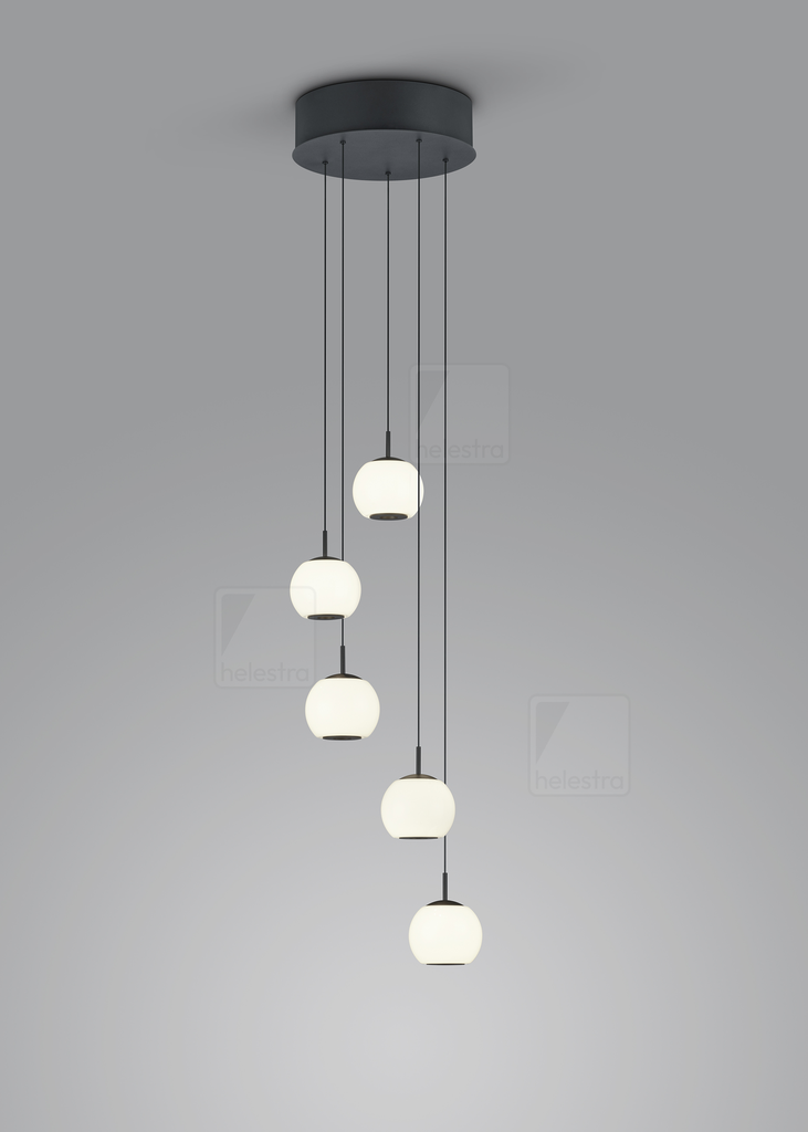 [HEL-56/2551.22] Helestra Pendant luminaire BONO 5 flames, round IP20, dimmable (opal white black matt)