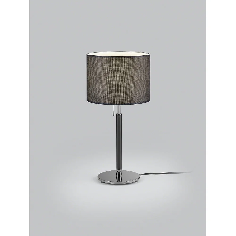 Helestra Lampada da tavolo OPPO con paralume, con interruttore a tirante E27 IP20, nero opaco, cromo nero