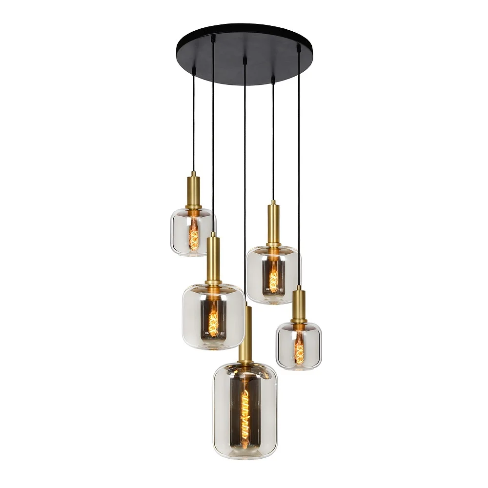 [LUC-45494/15/65] Lucide Pendelleuchte JOANET 5flammig, rund E27 IP20, gold matt, Messing, Rauchfarbe