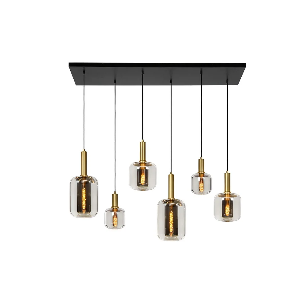 Lucide Suspension JOANET 6 flammes, carré E27 IP20, or mat, laiton, couleur fumée