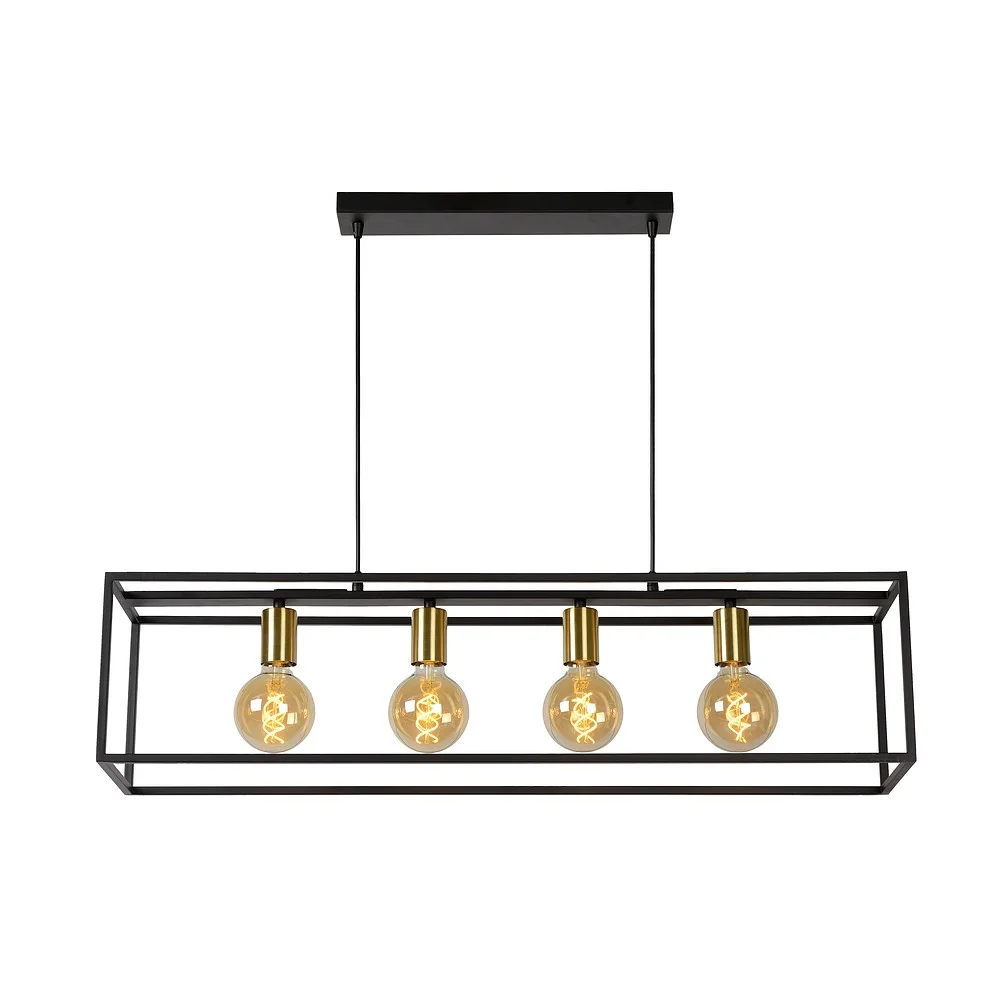Lucide Suspension RUBEN 4 flammes, carrée E27 IP20, or mat, laiton, noir avec variateur