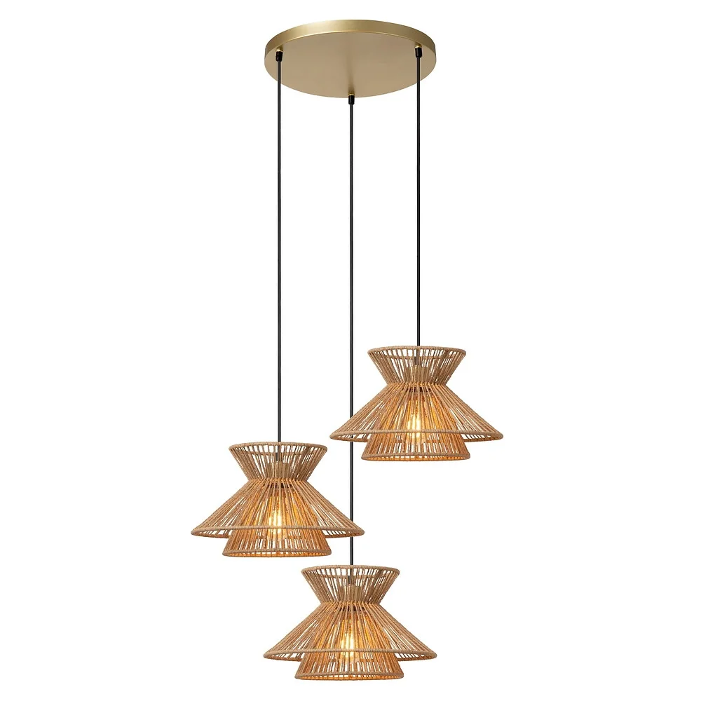 [LUC-10420/03/72] Lucide Lampada a sospensione TASMAN 3 fiamme, rotonda E27 IP20, oro opaco, legno, ottone