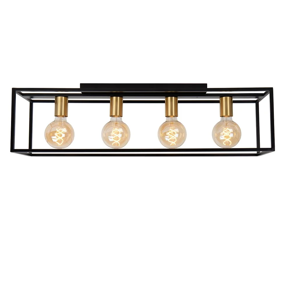 Lucide Ceiling luminaire RUBEN 4 flames, square E27 IP20, gold matt, brass, black dimmable, L∕ W∕ H: 80∕ 20∕ 22,5 cm, Schirm-L∕ W∕ H: 80∕ 20∕ 20 cm, Baldachin-L∕ W∕ H: 40∕ 10∕ 2,5 cm