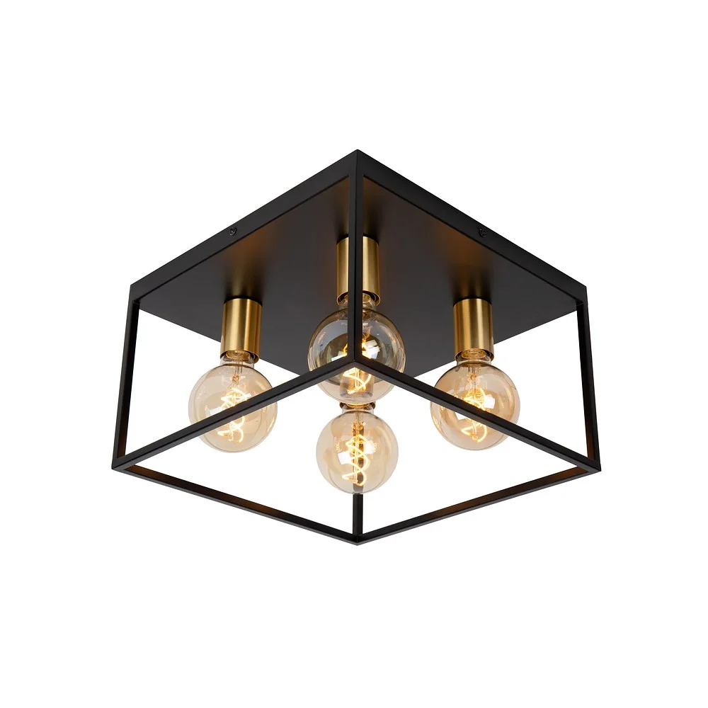 Lucide Plafoniera RUBEN 4 fiamme, quadrato E27 IP20, oro opaco, ottone, nero dimmerabile, L∕ W∕ H: 36∕ 36∕ 22,5 cm, Schirm-L∕ W∕ H: 36∕ 36∕ 20 cm, Baldachin-L∕ W∕ H: 36∕ 36∕ 2,5 cm
