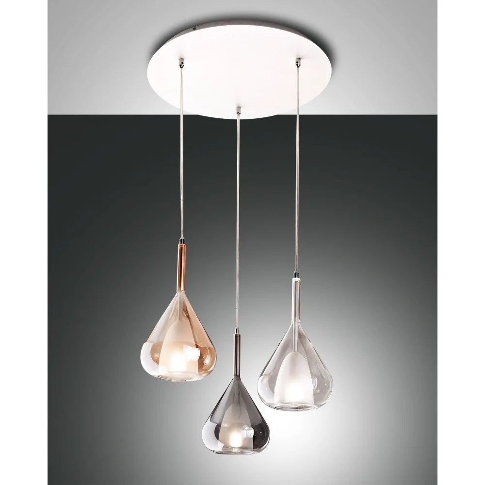 Fabas Luce Lampada a sospensione LILA, E27, 3x 40W, IP20, trasparente, ambra, grigio trasparente, Ø∕ H: 50∕ 200 cm, Ø∕ H: 20∕ 35 cm