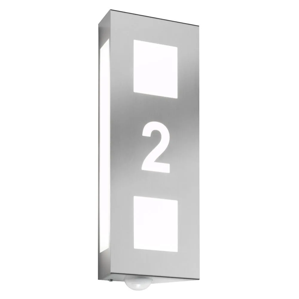 [CMD-26/HN/BM] CMD Outdoor wall luminaire AQUA TRILO with motion detector, with house number (cut out), stainless steel, IP44, E27