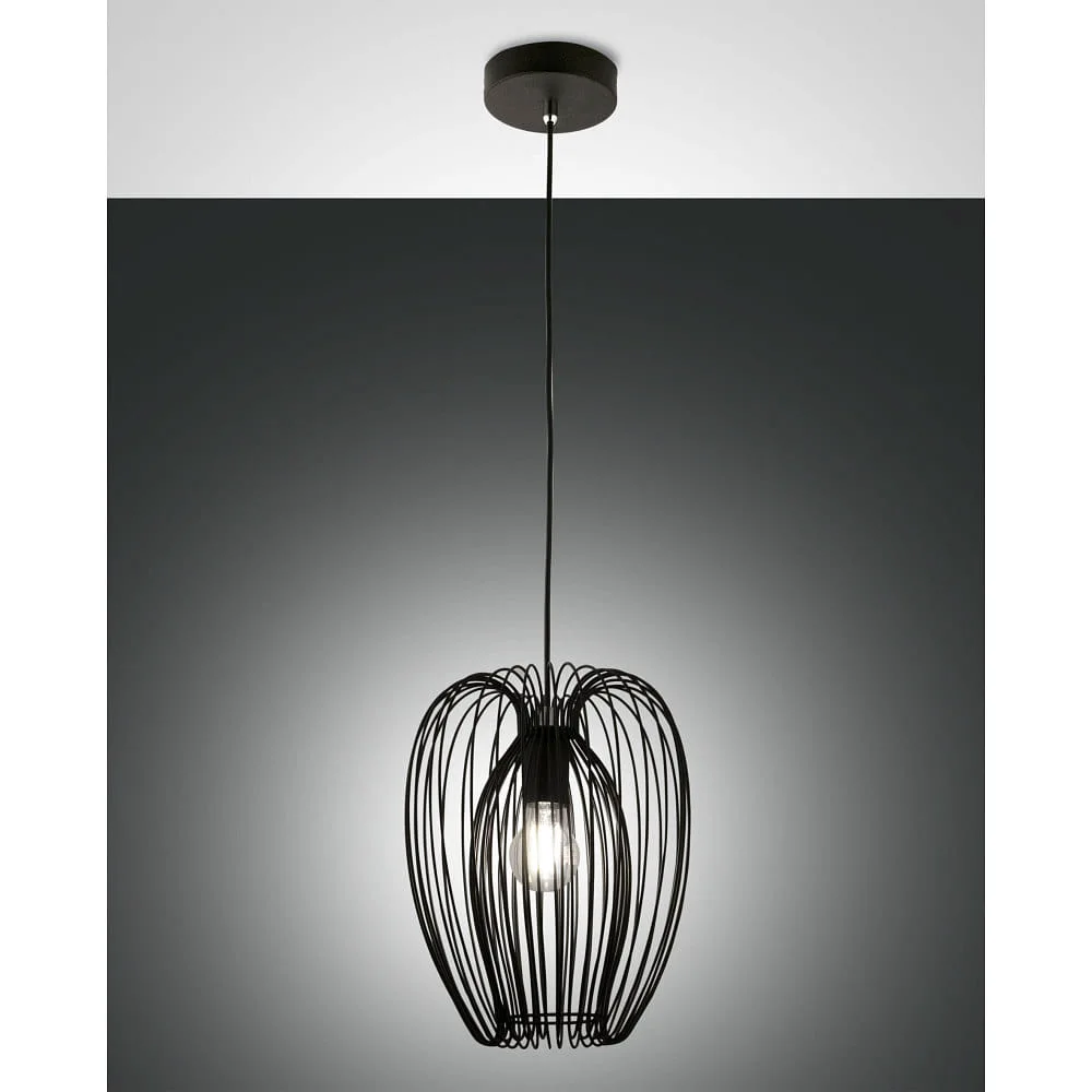[FAB-3677-40-101] LaMiaLuce Pendelleuchte CAMP 1-flammig E27 IP20, Ø: 25 cm, max. H: 200 cm, Baldachin-Ø: 13 cm, Drahtkorb-H: 31 cm (Schwarz)