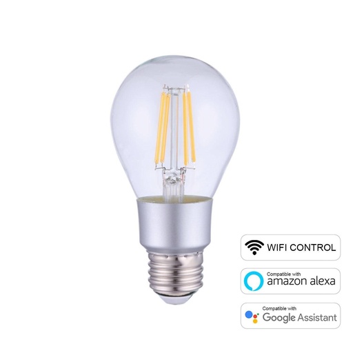 [8055681815025] Lampadina LED SMART WI-FI Trasparente A60 Goccia filamento Dritto 6W
