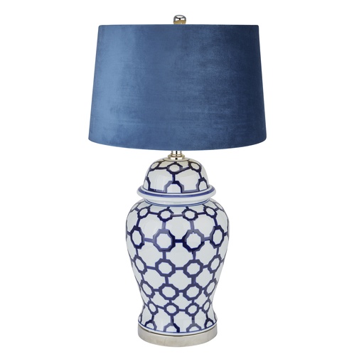 [22066] Acanthus Blue And White Ceramic Lamp With Blue Velvet Shade
