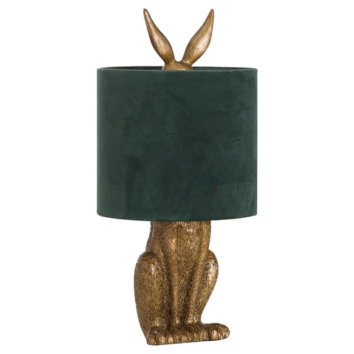 [20696] Lampada da tavolo anticata con lepre in oro con paralume in velluto verde