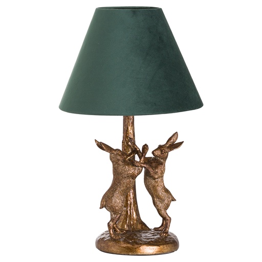 [20695] Lampada anticata con lepri in marcia in oro con paralume in velluto verde