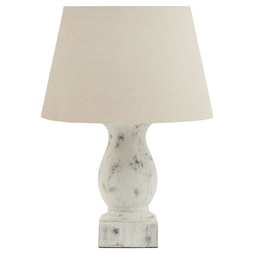 [23019] Lampada da tavolo a colonna bianca anticata Darcy con paralume in lino