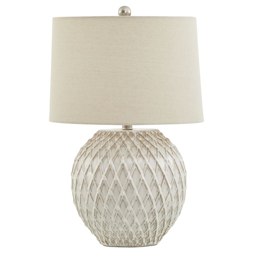 [23056] Lampada da tavolo in ceramica reticolare con paralume in lino