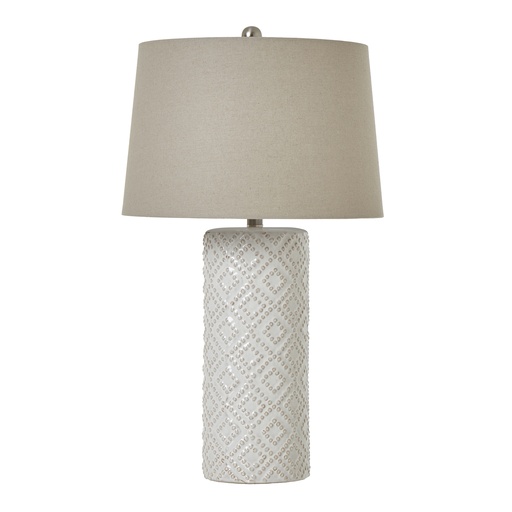 [23732] Lampada in ceramica con perline bianche e paralume in lino