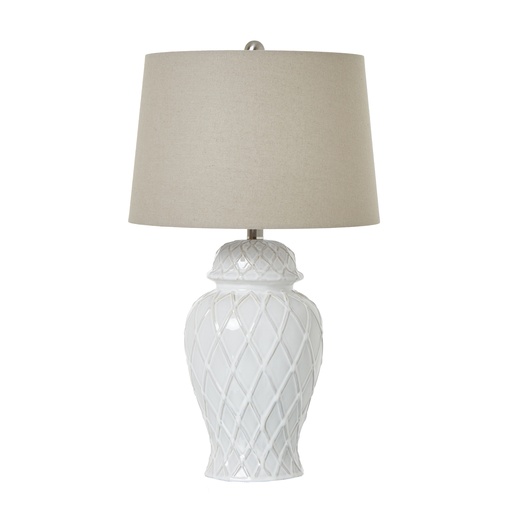 [23729] Lampada in barattolo di zenzero in ceramica bianca con paralume in lino