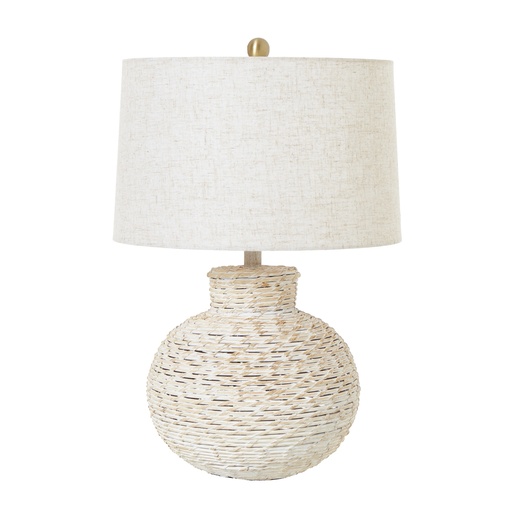 [23726] Lampada da tavolo in vimini bulboso lavato bianco con paralume in lino