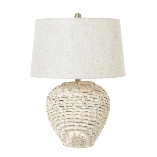 [23724] Lampada da tavolo in vimini lavato bianco con paralume in lino